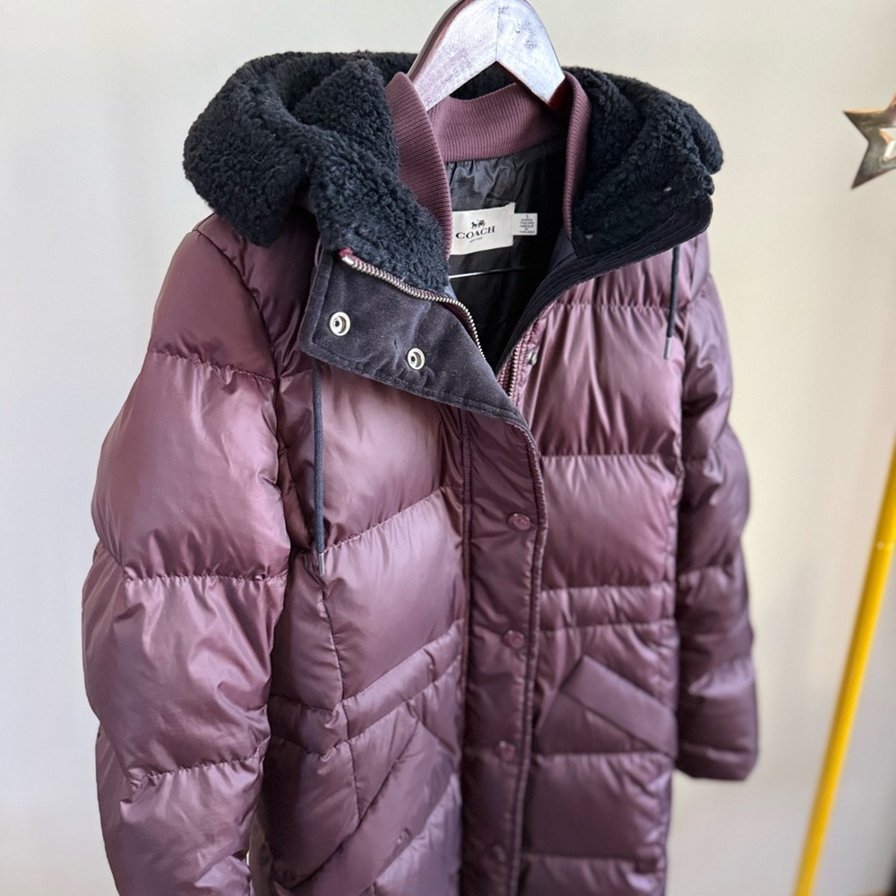 Coach Plum Down Puffer Coat Long Hooded Faux Fur Trim Small Winter - Picture 7 of 16